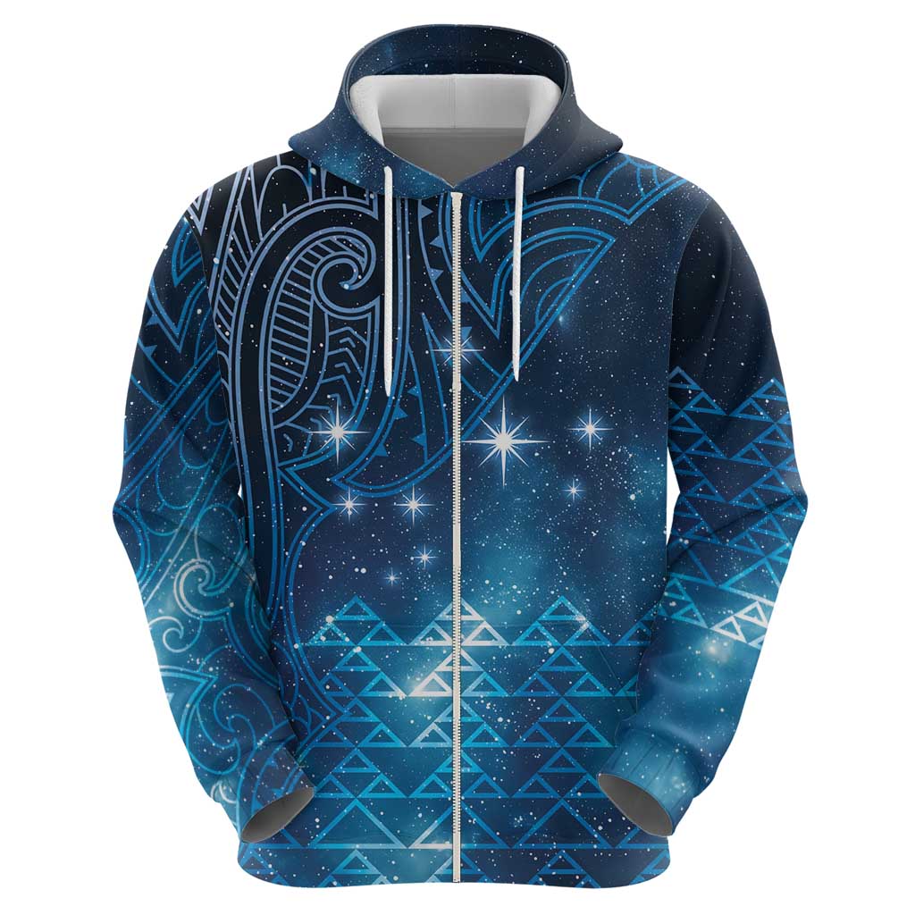 New Zealand Matariki Zip Hoodie Taniko Aramoana With Maori Galaxy Sky Night