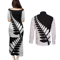 New Zealand Silver Fern Niho Taniwha Couples Matching Puletasi and Long Sleeve Button Shirt LT9 - Polynesian Pride