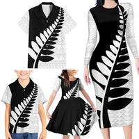 New Zealand Silver Fern Niho Taniwha Family Matching Long Sleeve Bodycon Dress and Hawaiian Shirt