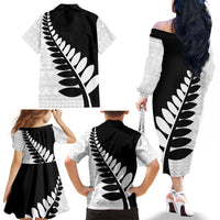 New Zealand Silver Fern Niho Taniwha Family Matching Off The Shoulder Long Sleeve Dress and Hawaiian Shirt