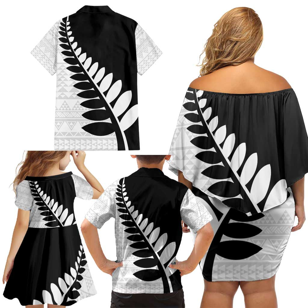 New Zealand Silver Fern Niho Taniwha Family Matching Off Shoulder Short Dress and Hawaiian Shirt