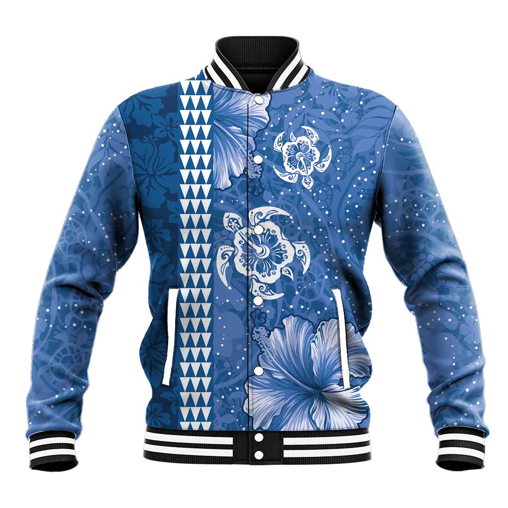Blue Hibiscus Turle Baseball Jacket Hawaiian Style Tribal Tapa Pattern LT9 Unisex Blue - Polynesian Pride