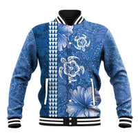 Blue Hibiscus Turle Baseball Jacket Hawaiian Style Tribal Tapa Pattern LT9 Unisex Blue - Polynesian Pride