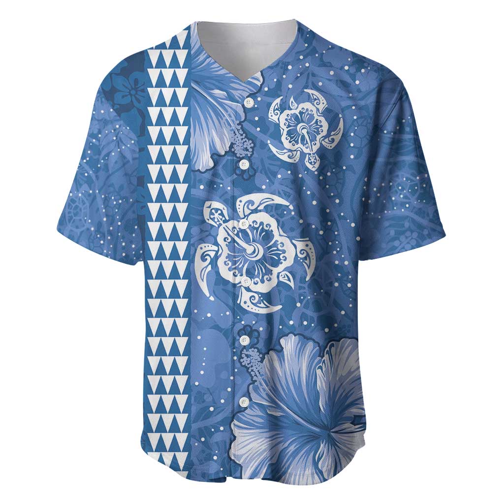 Blue Hibiscus Turle Baseball Jersey Hawaiian Style Tribal Tapa Pattern