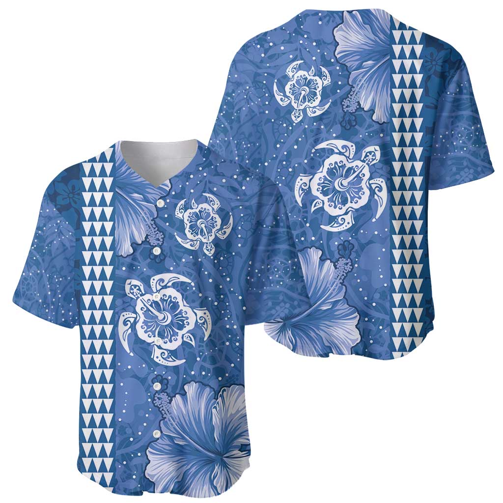 Blue Hibiscus Turle Baseball Jersey Hawaiian Style Tribal Tapa Pattern