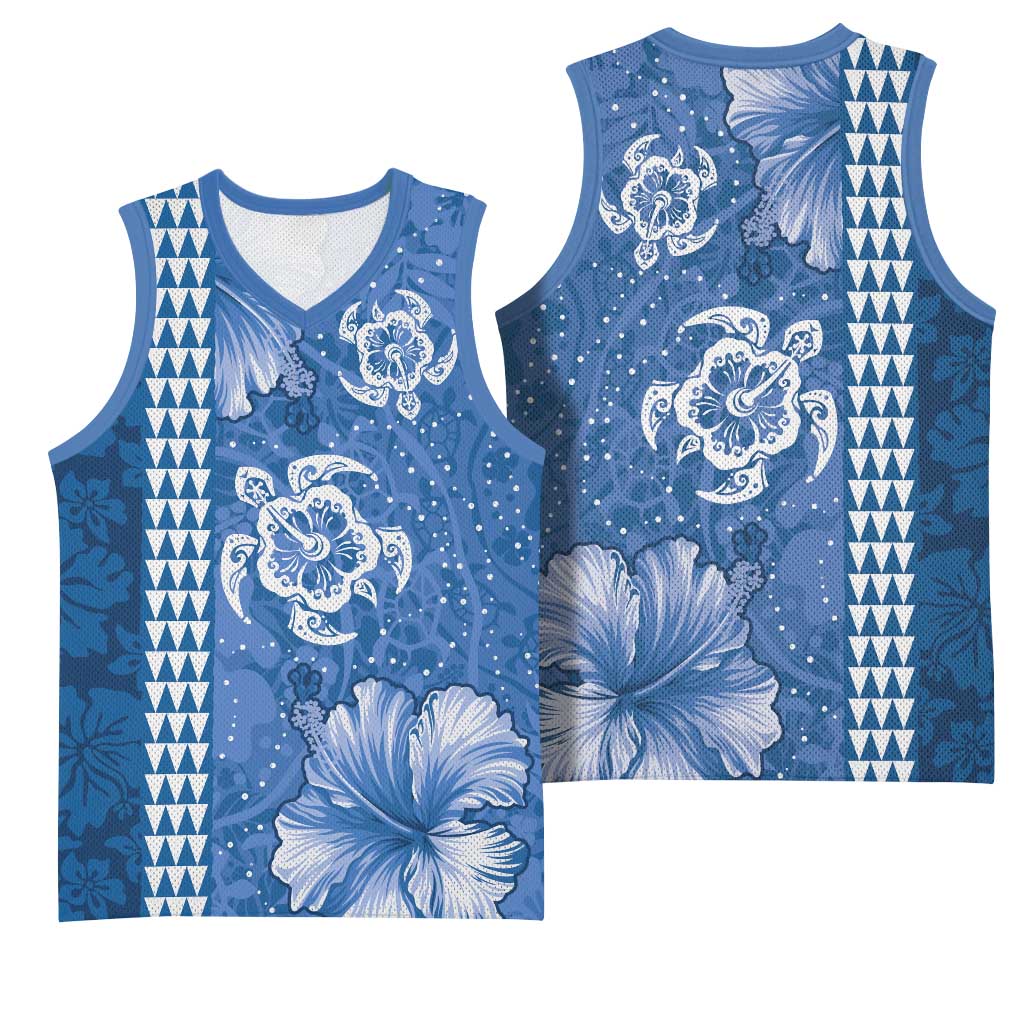 Blue Hibiscus Turle Basketball Jersey Hawaiian Style Tribal Tapa Pattern - Polynesian Pride