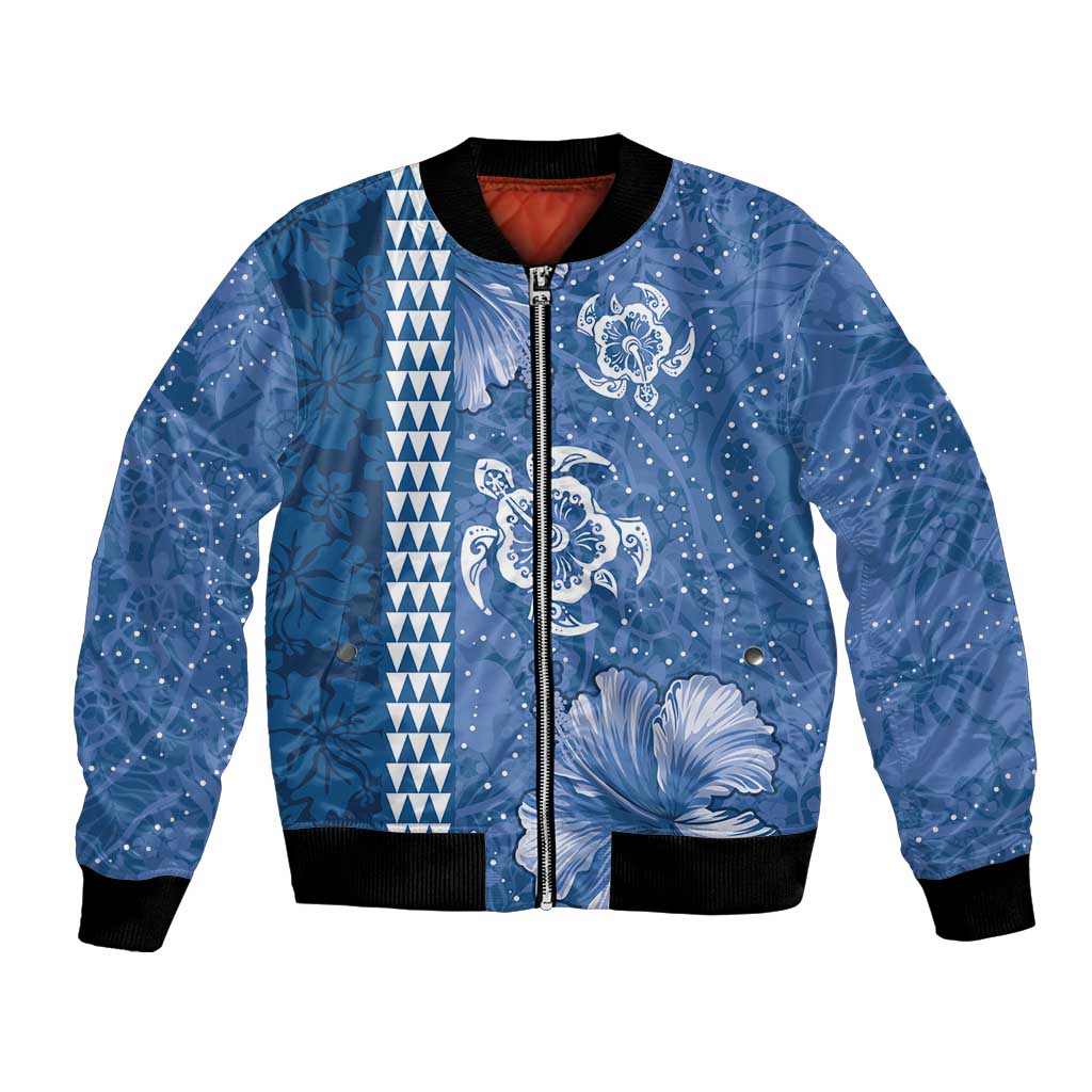 Blue Hibiscus Turle Bomber Jacket Hawaiian Style Tribal Tapa Pattern