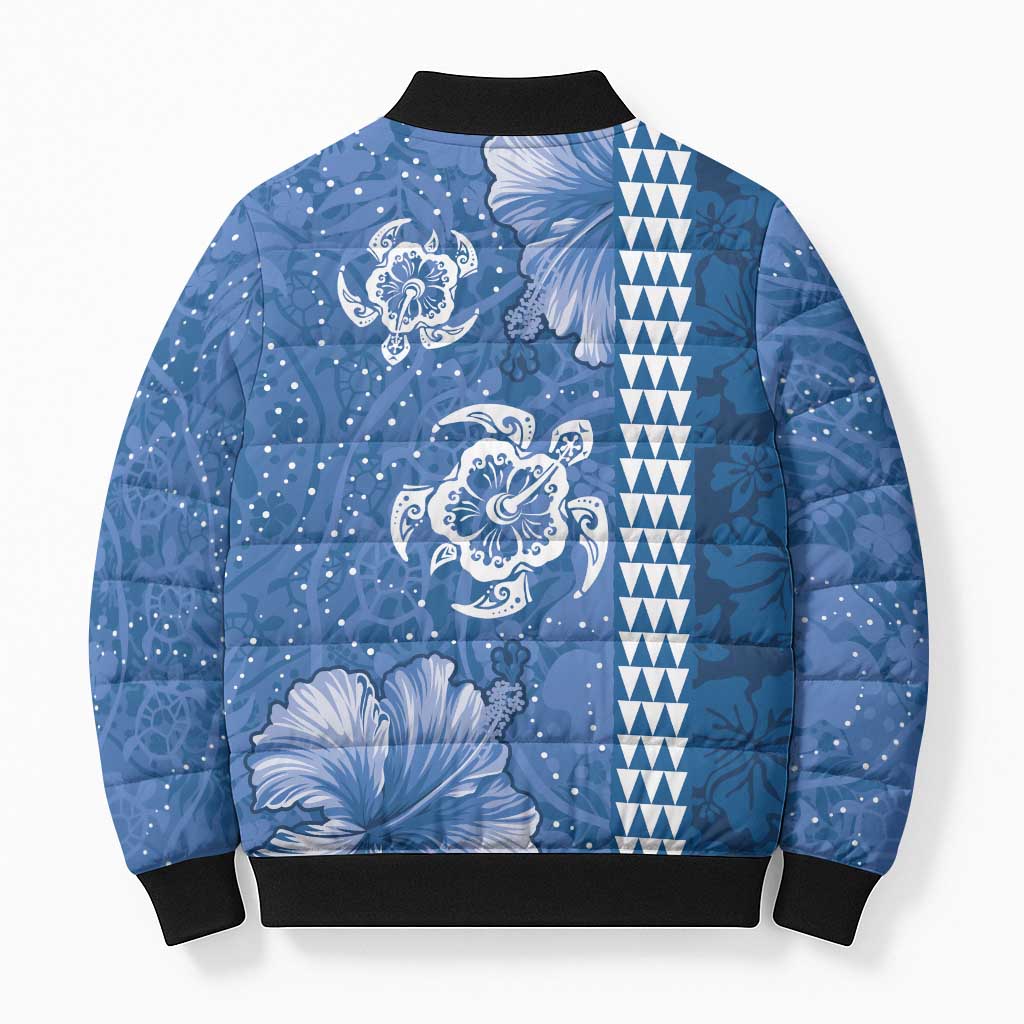 Blue Hibiscus Turle Bomber Puffer Jacket Hawaiian Style Tribal Tapa Pattern - Polynesian Pride