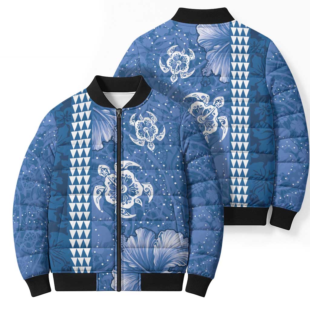 Blue Hibiscus Turle Bomber Puffer Jacket Hawaiian Style Tribal Tapa Pattern - Polynesian Pride