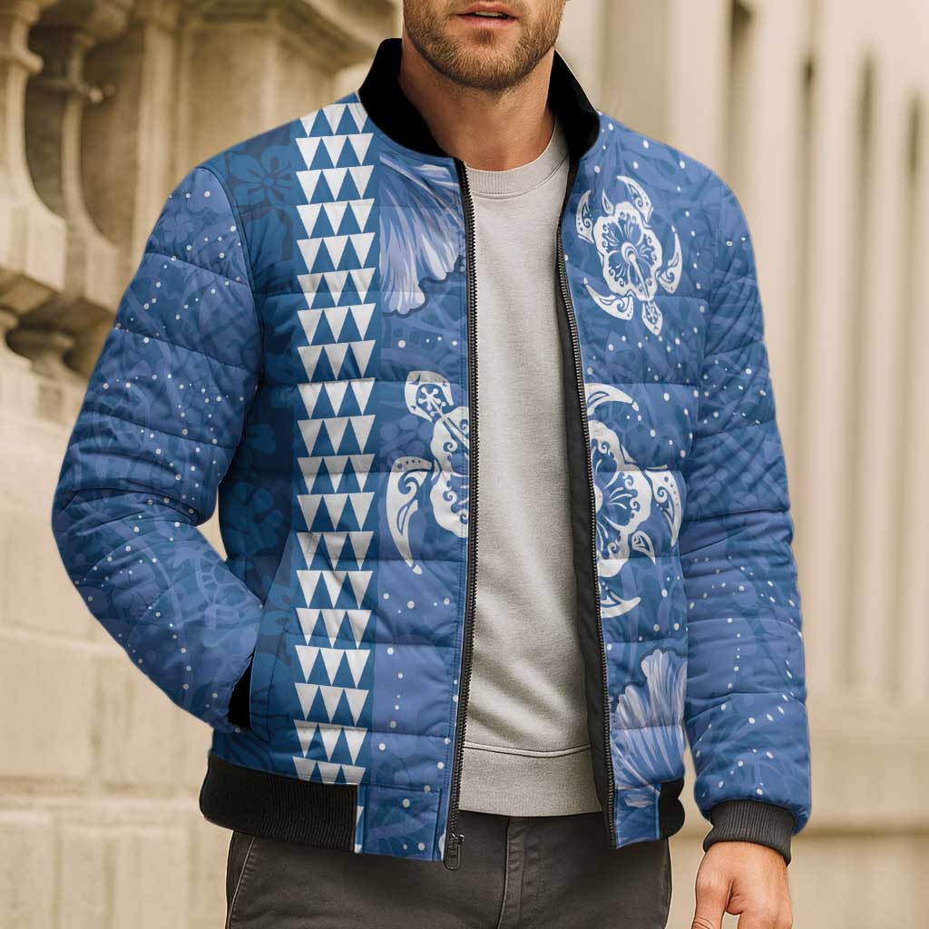 Blue Hibiscus Turle Bomber Puffer Jacket Hawaiian Style Tribal Tapa Pattern - Polynesian Pride