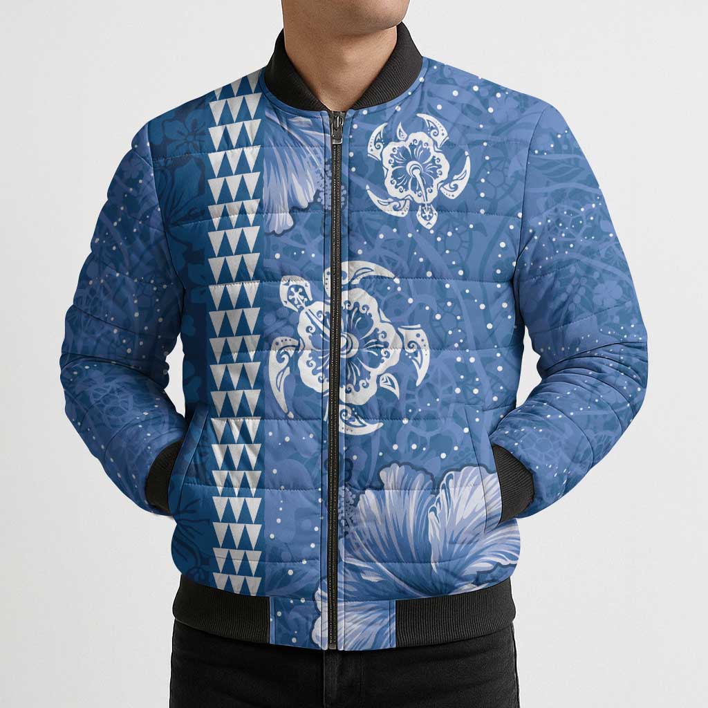 Blue Hibiscus Turle Bomber Puffer Jacket Hawaiian Style Tribal Tapa Pattern - Polynesian Pride