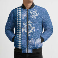 Blue Hibiscus Turle Bomber Puffer Jacket Hawaiian Style Tribal Tapa Pattern - Polynesian Pride