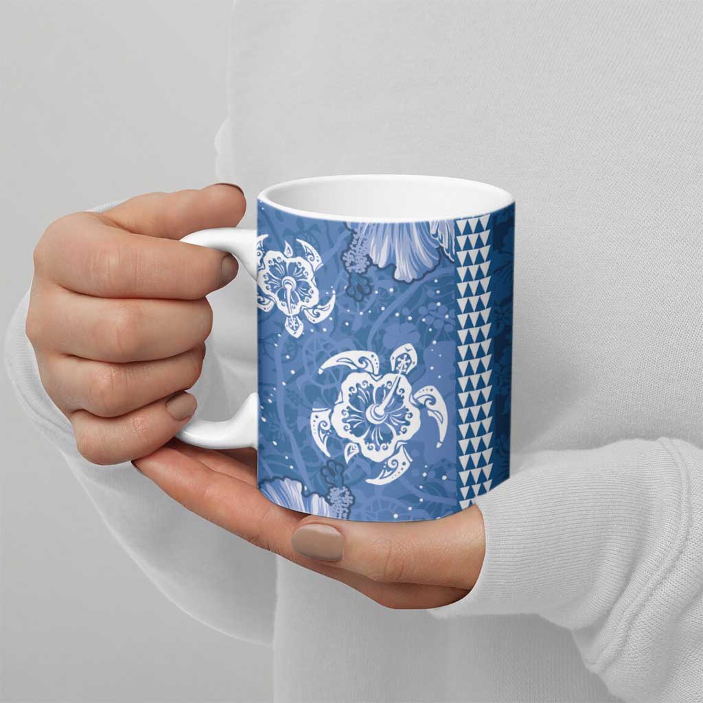 Blue Hibiscus Turle Ceramic Mug Hawaiian Style Tribal Tapa Pattern - Polynesian Pride