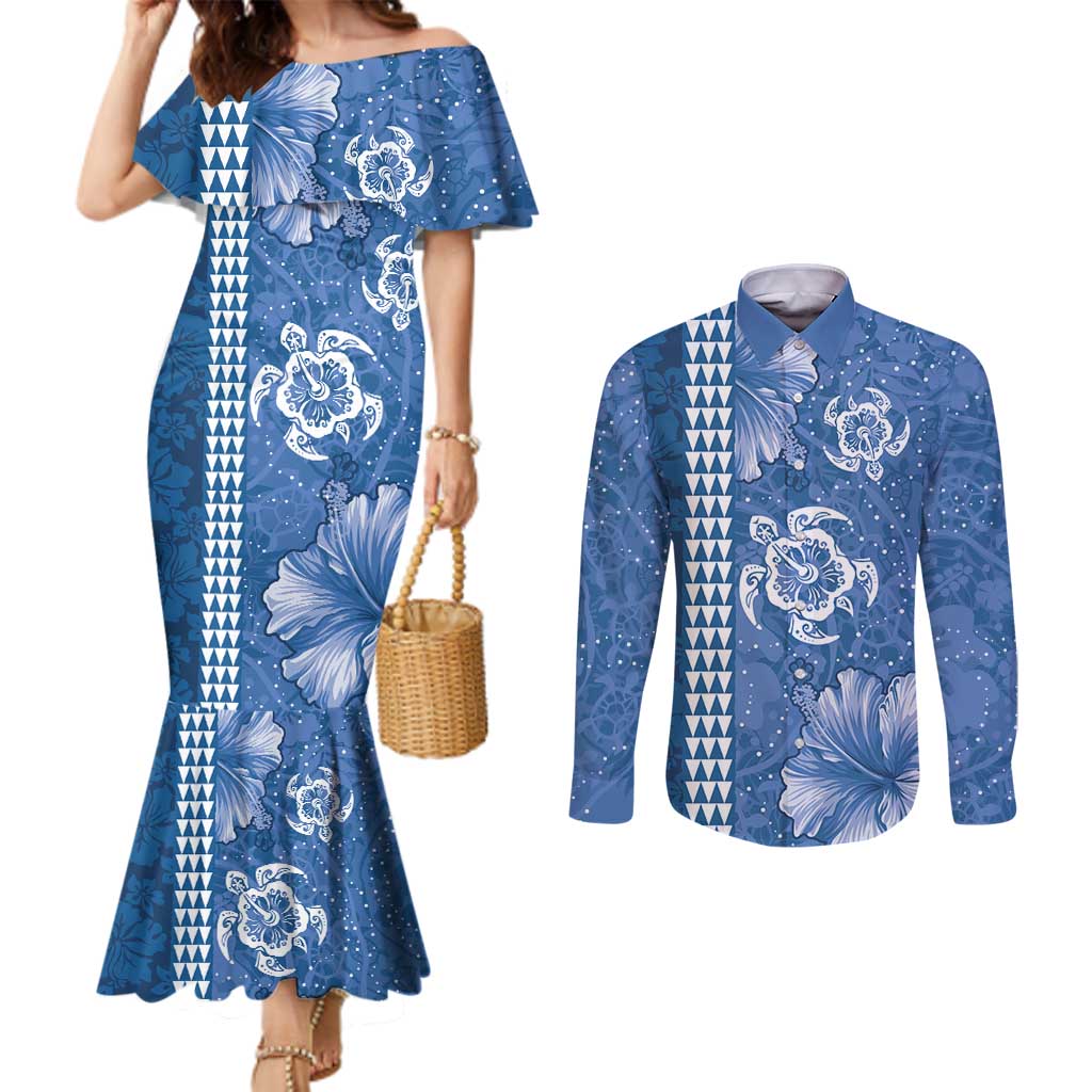 Blue Hibiscus Turle Couples Matching Mermaid Dress and Long Sleeve Button Shirt Hawaiian Style Tribal Tapa Pattern LT9 Blue - Polynesian Pride