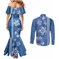 Blue Hibiscus Turle Couples Matching Mermaid Dress and Long Sleeve Button Shirt Hawaiian Style Tribal Tapa Pattern LT9 - Polynesian Pride