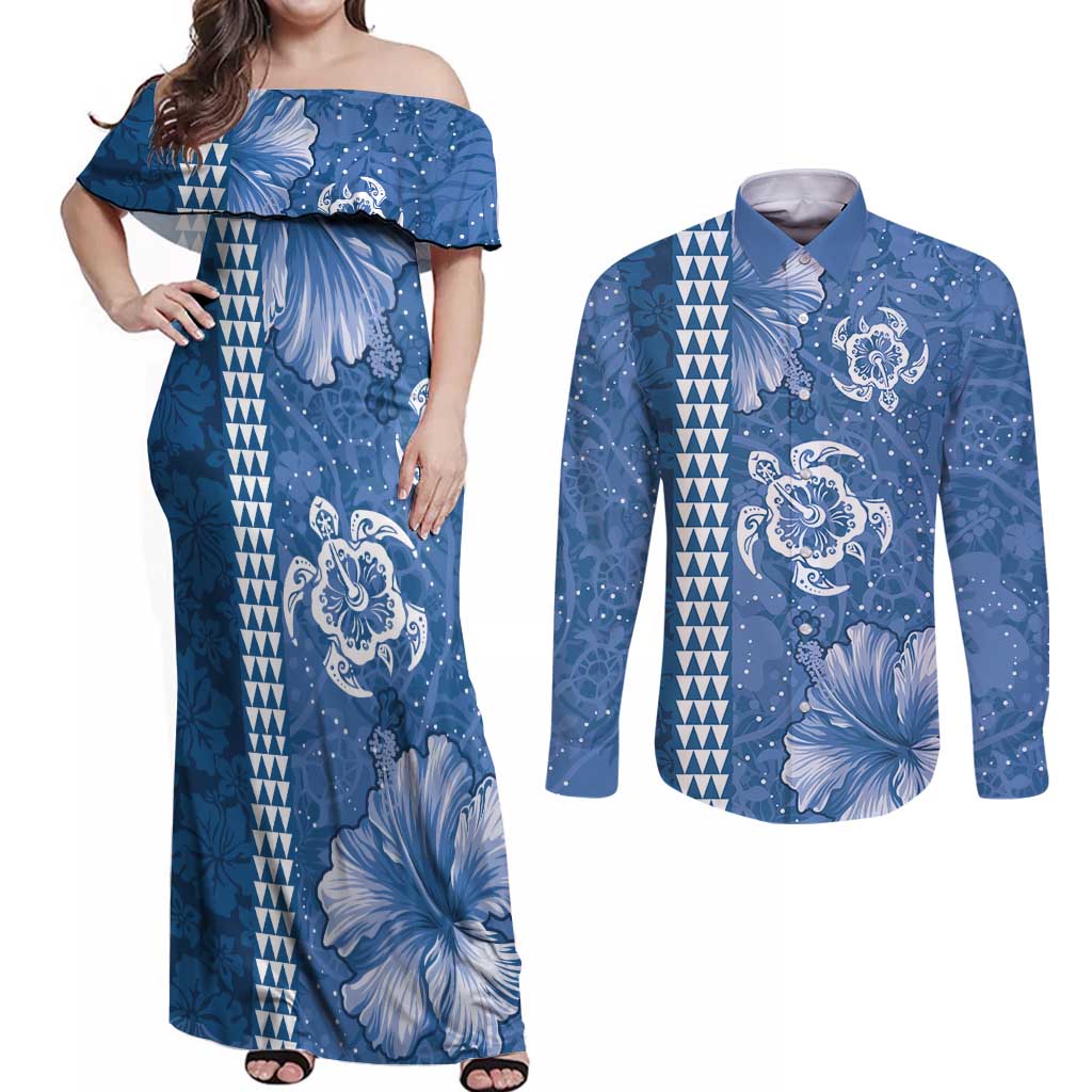 Blue Hibiscus Turle Couples Matching Off Shoulder Maxi Dress and Long Sleeve Button Shirt Hawaiian Style Tribal Tapa Pattern LT9 Blue - Polynesian Pride
