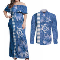 Blue Hibiscus Turle Couples Matching Off Shoulder Maxi Dress and Long Sleeve Button Shirt Hawaiian Style Tribal Tapa Pattern