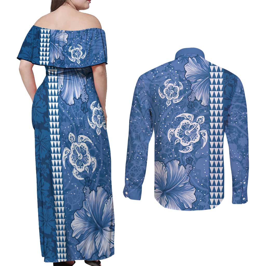 Blue Hibiscus Turle Couples Matching Off Shoulder Maxi Dress and Long Sleeve Button Shirt Hawaiian Style Tribal Tapa Pattern