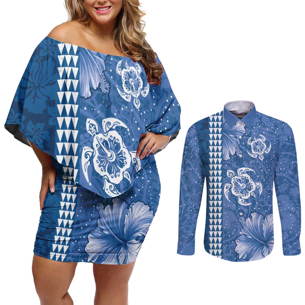 Blue Hibiscus Turle Couples Matching Off Shoulder Short Dress and Long Sleeve Button Shirt Hawaiian Style Tribal Tapa Pattern LT9 Blue - Polynesian Pride