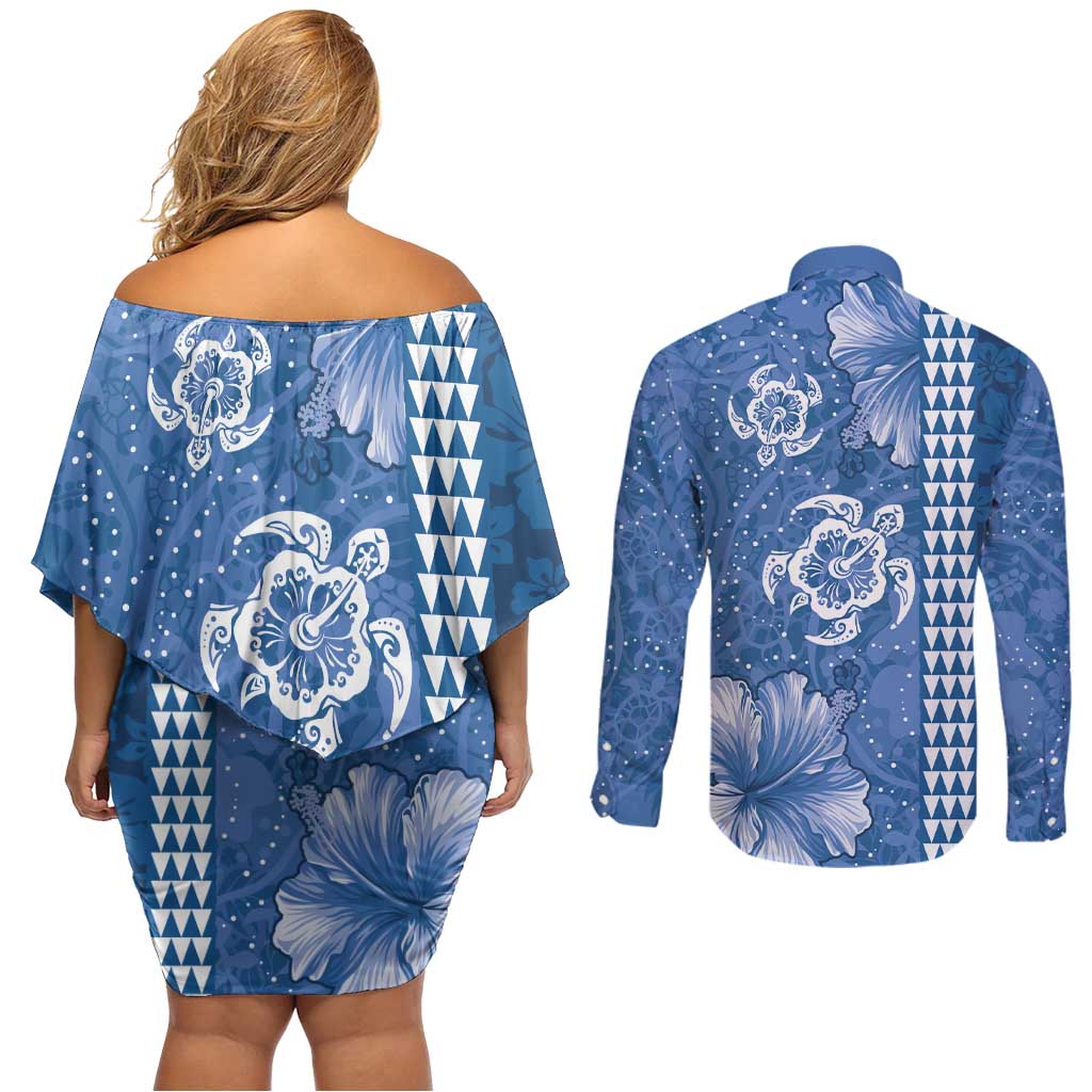 Blue Hibiscus Turle Couples Matching Off Shoulder Short Dress and Long Sleeve Button Shirt Hawaiian Style Tribal Tapa Pattern LT9 - Polynesian Pride