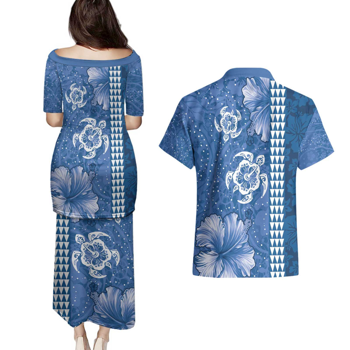 Blue Hibiscus Turle Couples Matching Puletasi and Hawaiian Shirt Hawaiian Style Tribal Tapa Pattern LT9 - Polynesian Pride