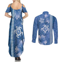 Blue Hibiscus Turle Couples Matching Summer Maxi Dress and Long Sleeve Button Shirt Hawaiian Style Tribal Tapa Pattern