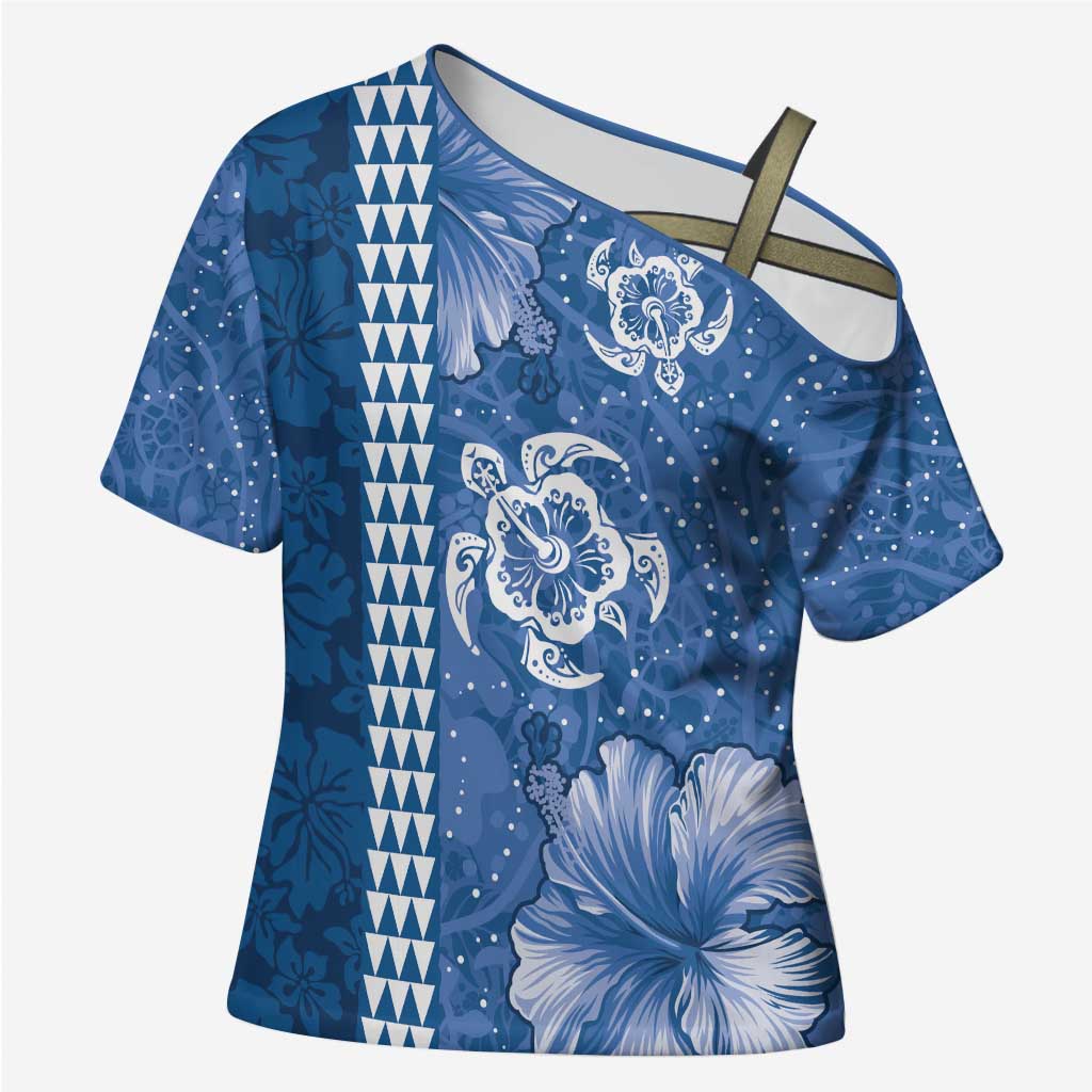 Blue Hibiscus Turle Cross Shoulder Shirt Hawaiian Style Tribal Tapa Pattern - Polynesian Pride