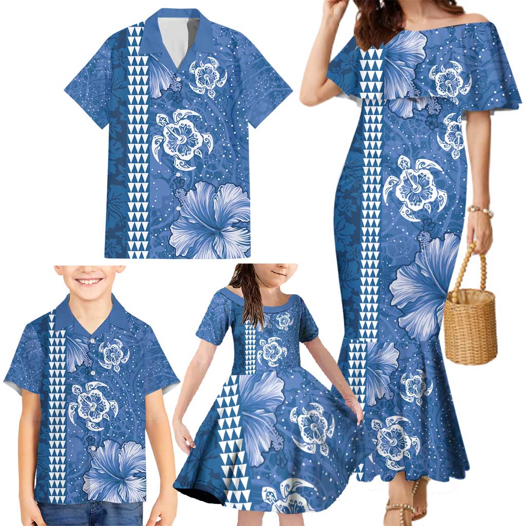Blue Hibiscus Turle Family Matching Mermaid Dress and Hawaiian Shirt Hawaiian Style Tribal Tapa Pattern LT9 - Polynesian Pride