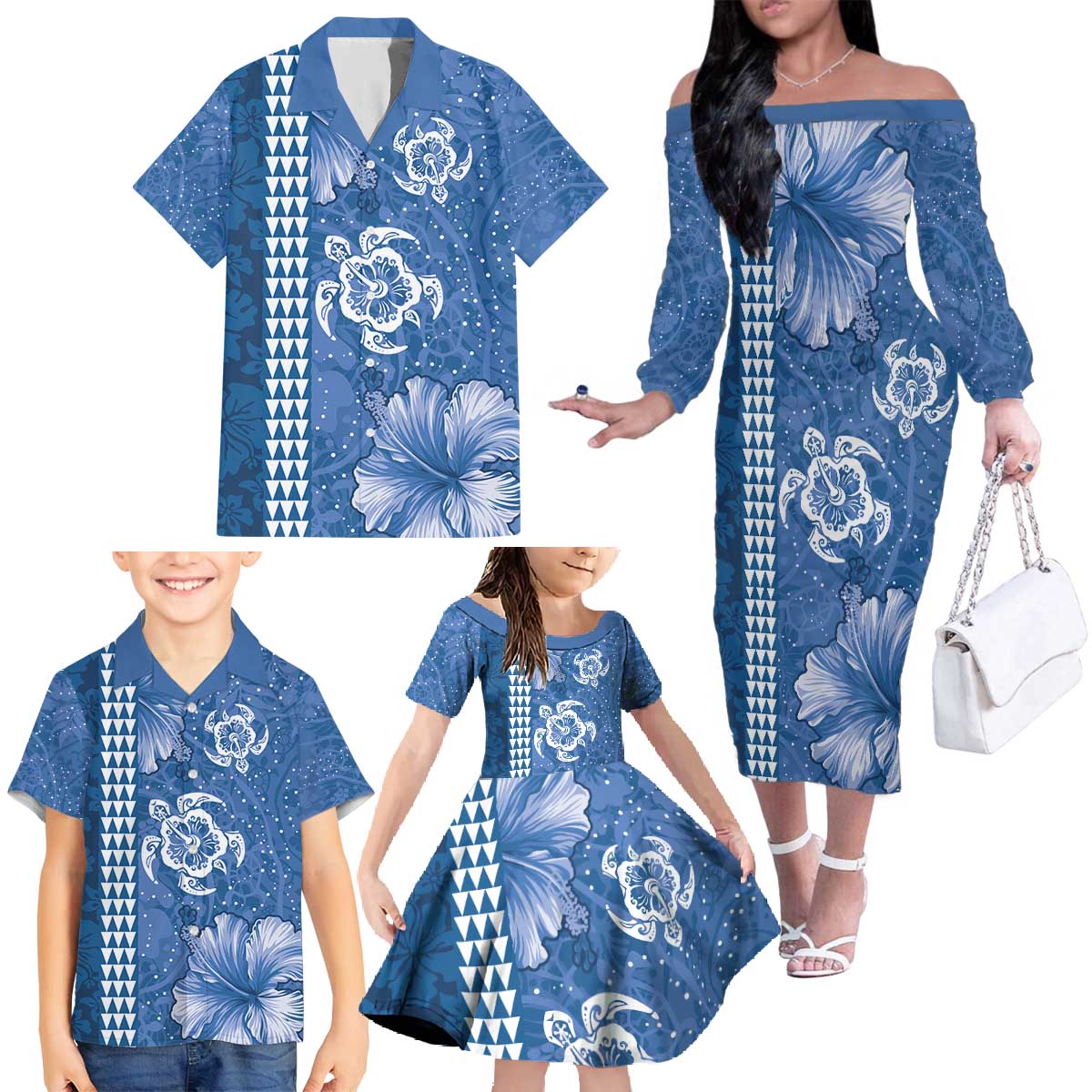 Blue Hibiscus Turle Family Matching Off The Shoulder Long Sleeve Dress and Hawaiian Shirt Hawaiian Style Tribal Tapa Pattern LT9 - Polynesian Pride