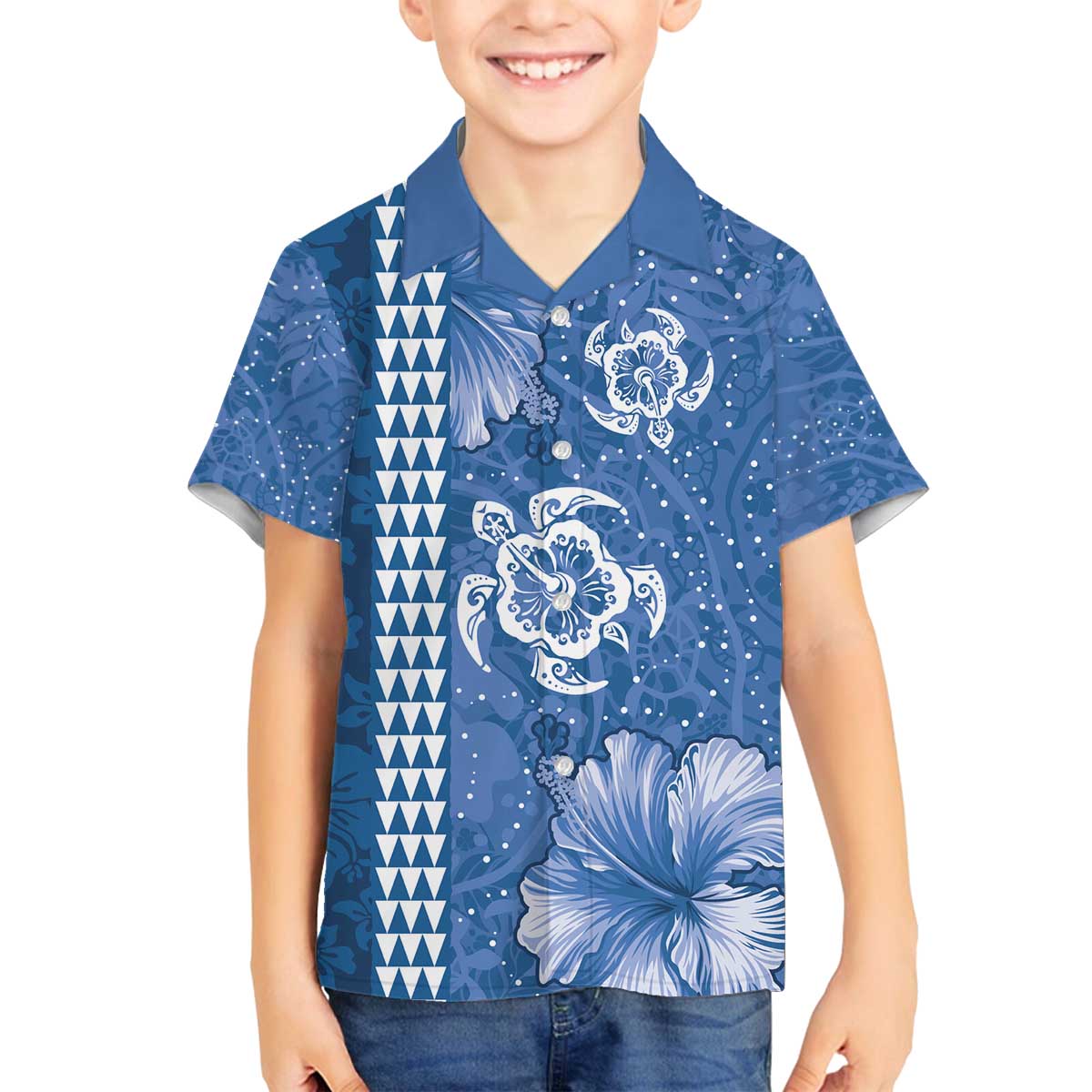 Blue Hibiscus Turle Family Matching Off The Shoulder Long Sleeve Dress and Hawaiian Shirt Hawaiian Style Tribal Tapa Pattern