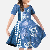 Blue Hibiscus Turle Family Matching Off Shoulder Maxi Dress and Hawaiian Shirt Hawaiian Style Tribal Tapa Pattern LT9 Daughter's Dress Blue - Polynesian Pride