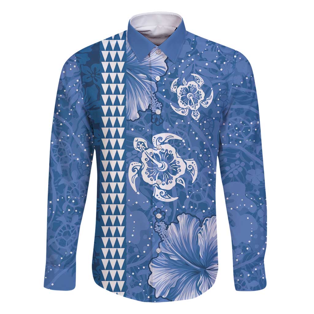 Blue Hibiscus Turle Family Matching Off Shoulder Maxi Dress and Hawaiian Shirt Hawaiian Style Tribal Tapa Pattern LT9 Dad's Shirt - Long Sleeve Blue - Polynesian Pride