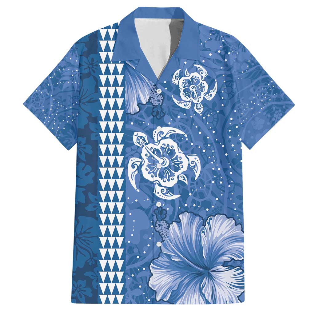 Blue Hibiscus Turle Family Matching Off Shoulder Short Dress and Hawaiian Shirt Hawaiian Style Tribal Tapa Pattern
