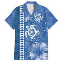 Blue Hibiscus Turle Family Matching Off Shoulder Short Dress and Hawaiian Shirt Hawaiian Style Tribal Tapa Pattern