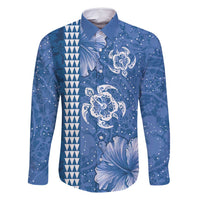 Blue Hibiscus Turle Family Matching Off Shoulder Short Dress and Hawaiian Shirt Hawaiian Style Tribal Tapa Pattern