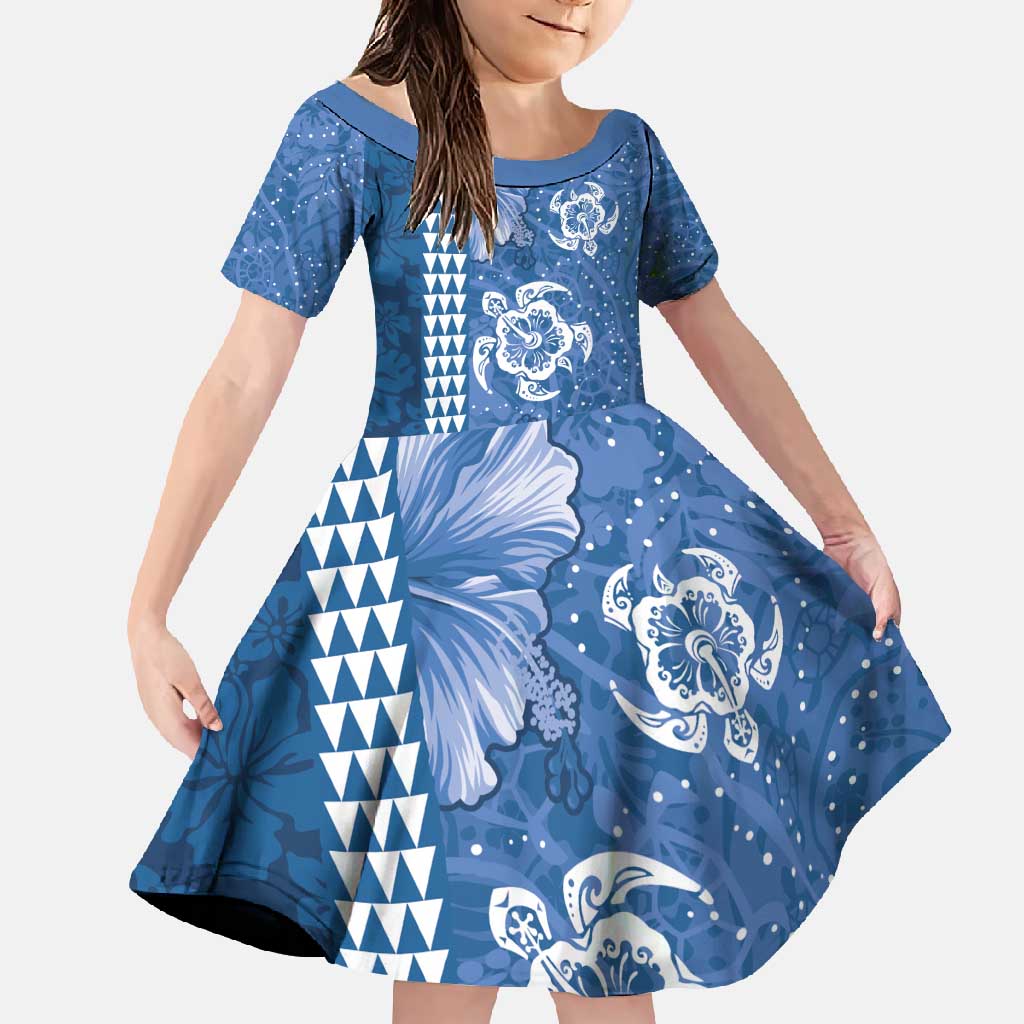Blue Hibiscus Turle Family Matching Short Sleeve Bodycon Dress and Hawaiian Shirt Hawaiian Style Tribal Tapa Pattern