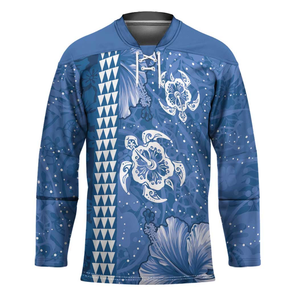 Blue Hibiscus Turle Hockey Jersey Hawaiian Style Tribal Tapa Pattern - Polynesian Pride