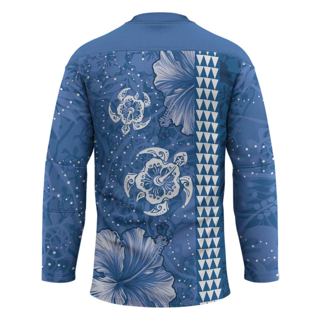 Blue Hibiscus Turle Hockey Jersey Hawaiian Style Tribal Tapa Pattern - Polynesian Pride