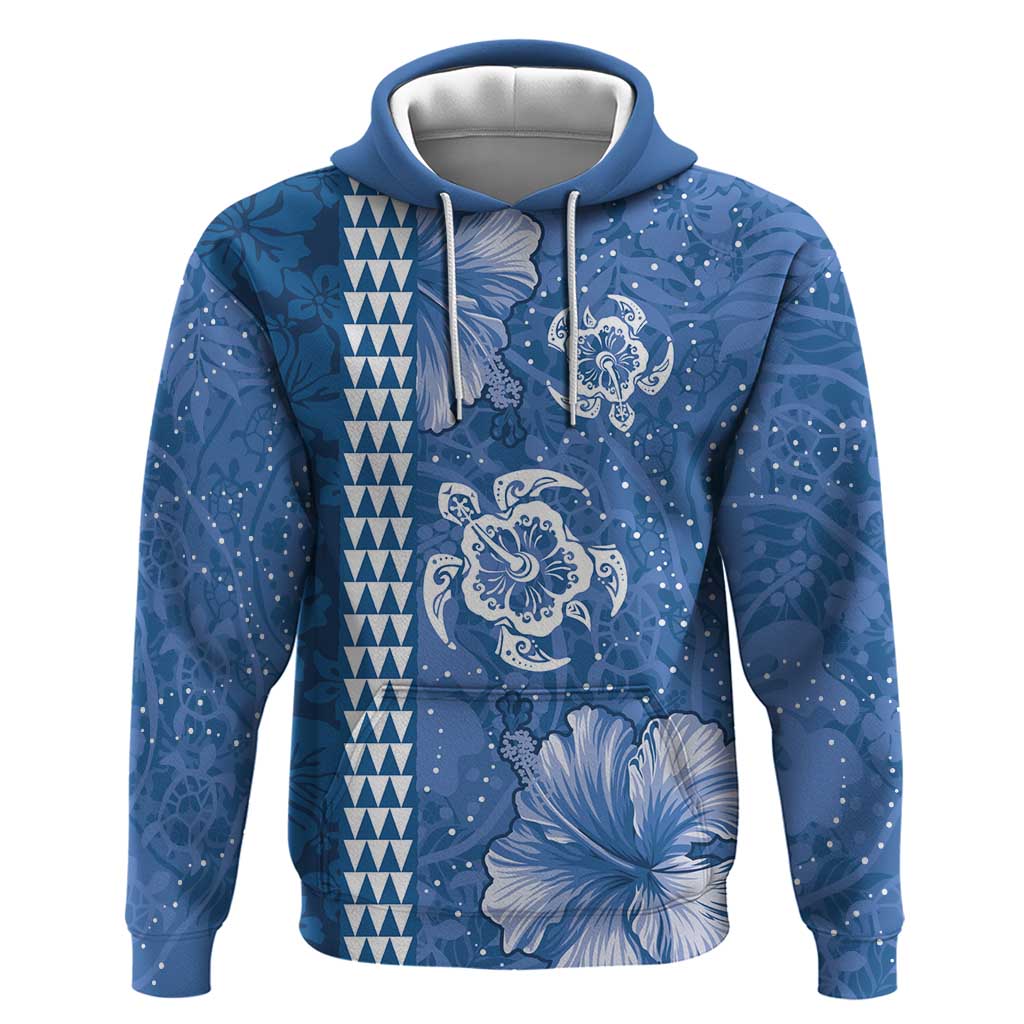 Blue Hibiscus Turle Hoodie Hawaiian Style Tribal Tapa Pattern