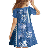Blue Hibiscus Turle Kid Short Sleeve Dress Hawaiian Style Tribal Tapa Pattern