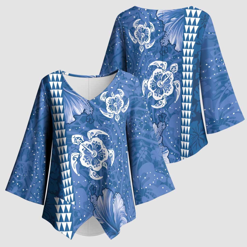 Blue Hibiscus Turle Kimono Sleeve Blouse Hawaiian Style Tribal Tapa Pattern - Polynesian Pride
