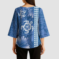 Blue Hibiscus Turle Kimono Sleeve Blouse Hawaiian Style Tribal Tapa Pattern - Polynesian Pride