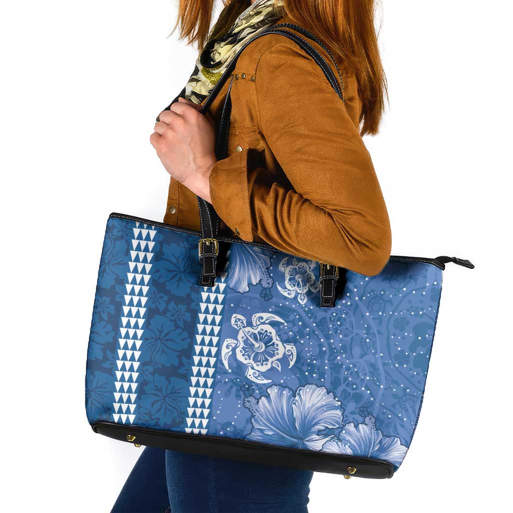 Blue Hibiscus Turle Leather Tote Bag Hawaiian Style Tribal Tapa Pattern