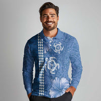 Blue Hibiscus Turle Long Sleeve Polo Shirt Hawaiian Style Tribal Tapa Pattern