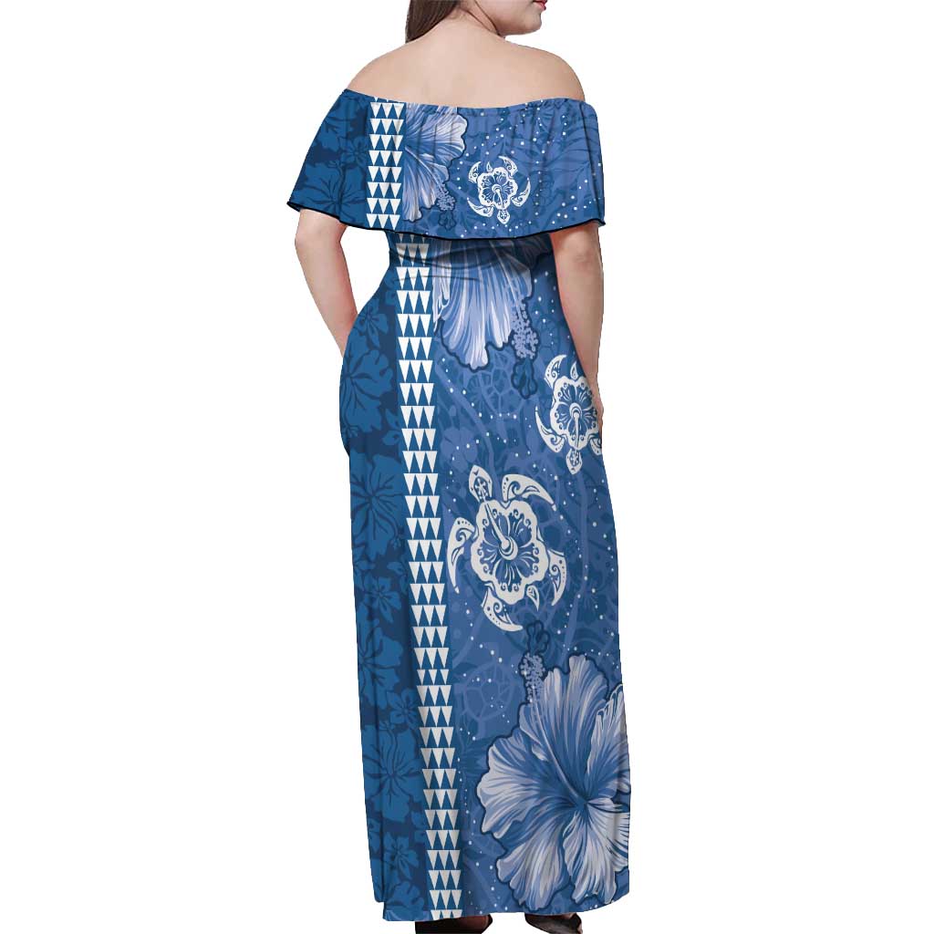 Blue Hibiscus Turle Off Shoulder Maxi Dress Hawaiian Style Tribal Tapa Pattern