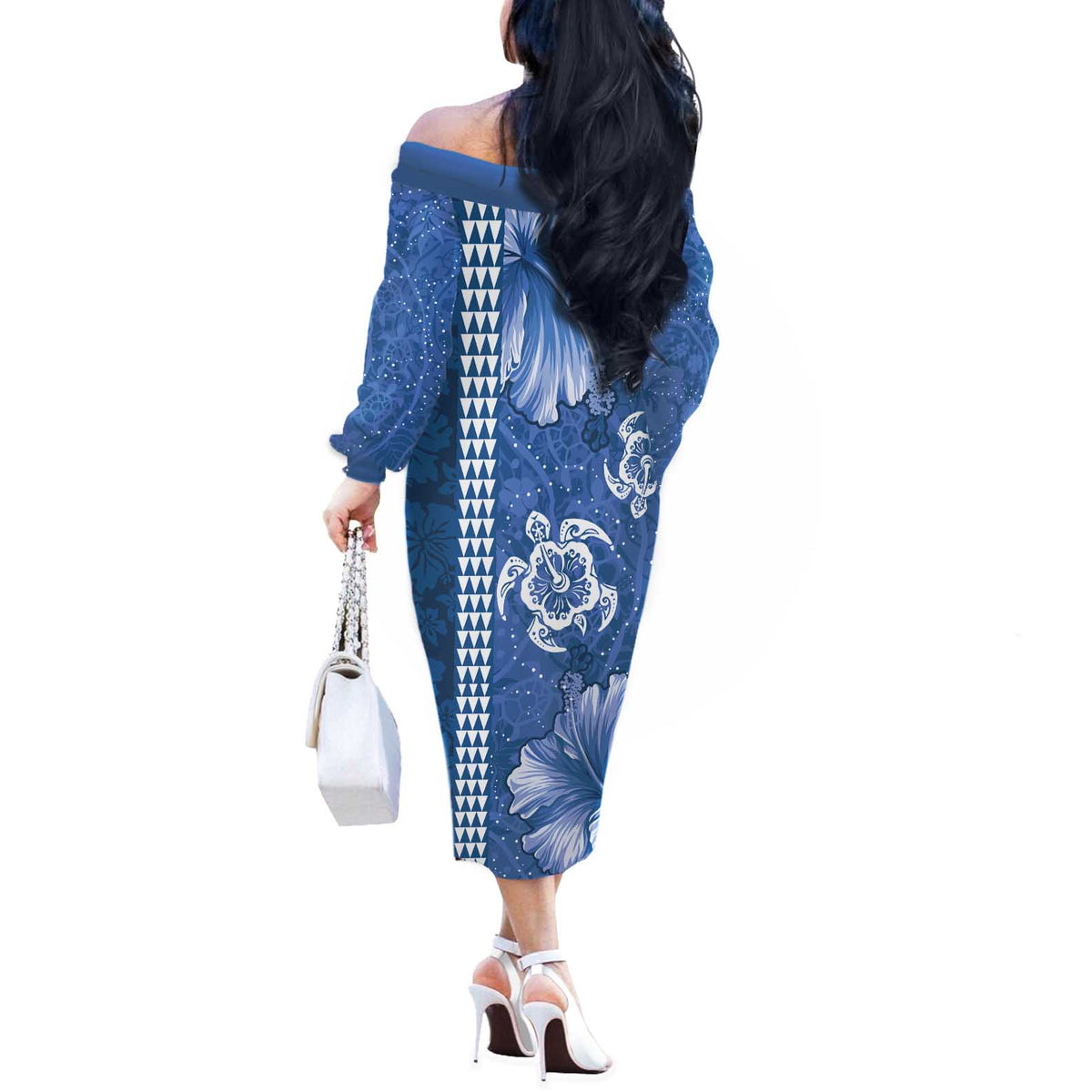 Blue Hibiscus Turle Off The Shoulder Long Sleeve Dress Hawaiian Style Tribal Tapa Pattern