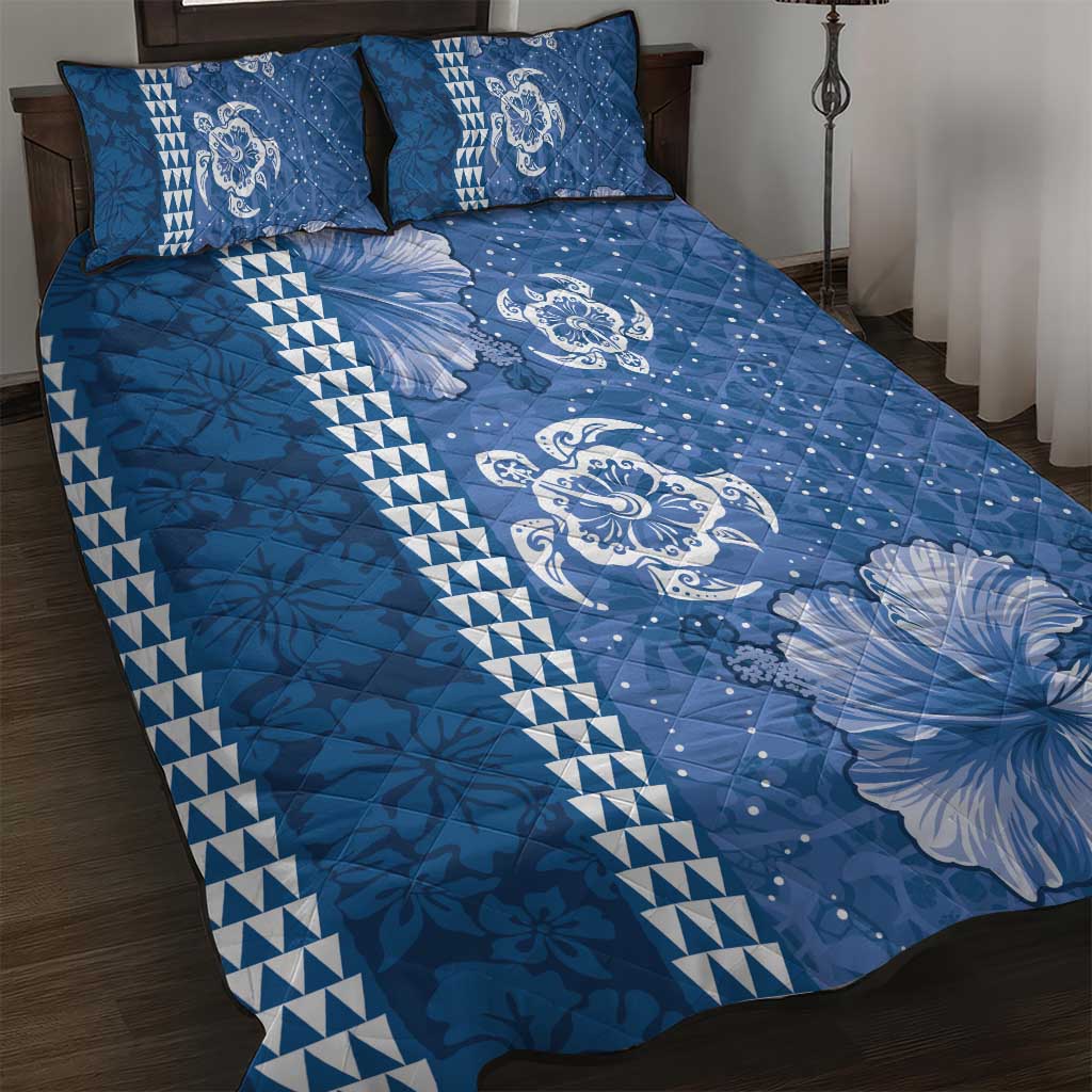 Blue Hibiscus Turle Quilt Bed Set Hawaiian Style Tribal Tapa Pattern