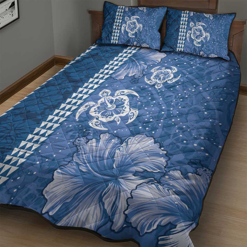 Blue Hibiscus Turle Quilt Bed Set Hawaiian Style Tribal Tapa Pattern
