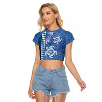 Blue Hibiscus Turle Raglan Cropped T Shirt Hawaiian Style Tribal Tapa Pattern