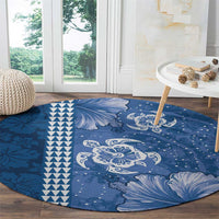 Blue Hibiscus Turle Round Carpet Hawaiian Style Tribal Tapa Pattern